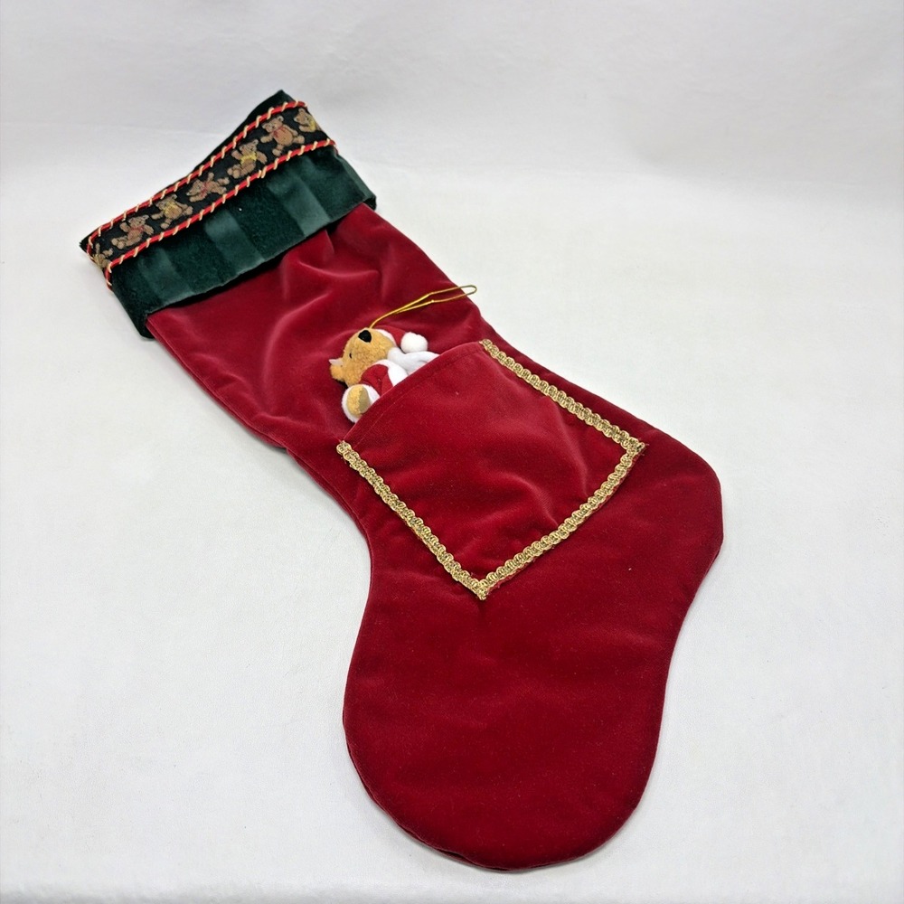 Vintage Kurt S. Adler Christmas Stocking Red Green Velvet 18" Teddy Bear Pocket